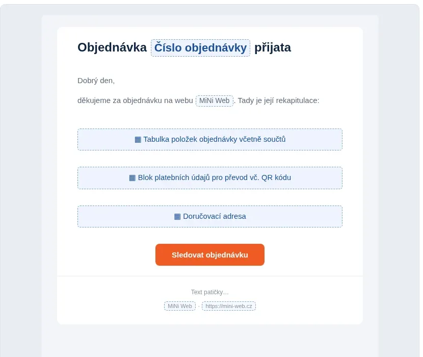 E-mail o přijetí objednávky s placeholdery Číslo objednávky, název webu a modrými bloky Tabulka položek objednávky, Blok platebních údajů a Doručovací adresa