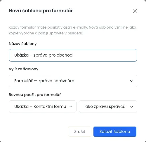 Okno Nová šablona pro formulář s poli Název šablony, Vyjít ze šablony, Rovnou použít pro formulář a tlačítky Zrušit a Založit šablonu