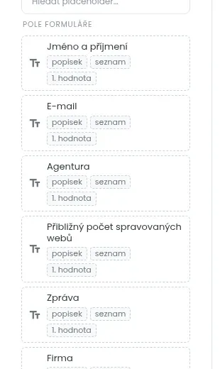 Skupina Pole formuláře v panelu Placeholdery s poli Jméno a příjmení, E-mail, Agentura a dalšími, u každého tlačítka popisek, seznam a 1. hodnota