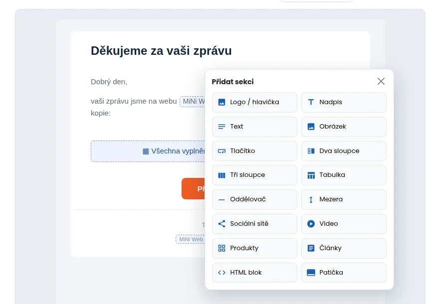 Okno Přidat sekci s volbami Logo / hlavička, Nadpis, Text, Obrázek, Tlačítko, Dva sloupce, Tři sloupce, Tabulka, Oddělovač, Mezera, Sociální sítě, Video, Produkty, Články, HTML blok a Patička