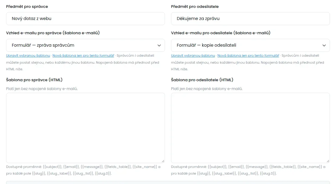 Dva sloupce: vlevo Předmět pro správce, Vzhled e-mailu pro správce a Šablona pro správce (HTML), vpravo totéž pro odesílatele
