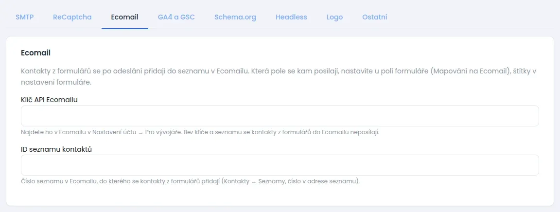 Záložka Ecomail v Proměnných webu s poli Klíč API Ecomailu a ID seznamu kontaktů