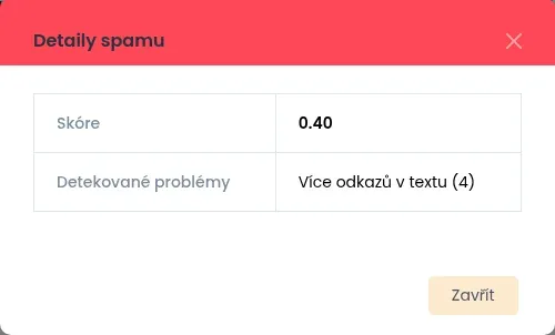 Okno Detaily spamu se skóre 0.40 a detekovaným problémem Více odkazů v textu