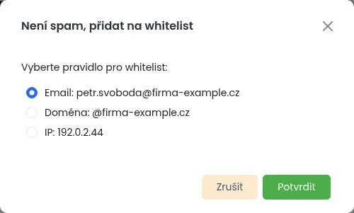 Okno Není spam, přidat na whitelist s volbami Email, Doména a IP a tlačítky Zrušit a Potvrdit