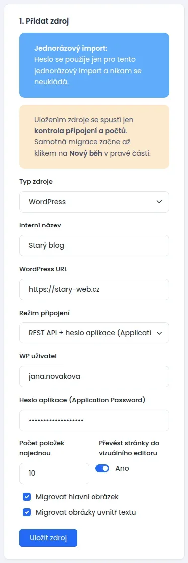 Formulář Přidat zdroj s poli Typ zdroje, Interní název, WordPress URL, Režim připojení, WP uživatel, Heslo aplikace (Application Password) a volbami pro obrázky