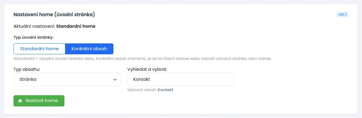 Karta Nastavení home s vybranou možností Konkrétní obsah, typem obsahu Stránka a vybranou stránkou Kontakt