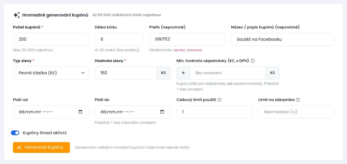 Blok Hromadné generování kupónů s poli Počet kupónů, Délka kódu, Prefix, Název, Typ a Hodnota slevy a limity