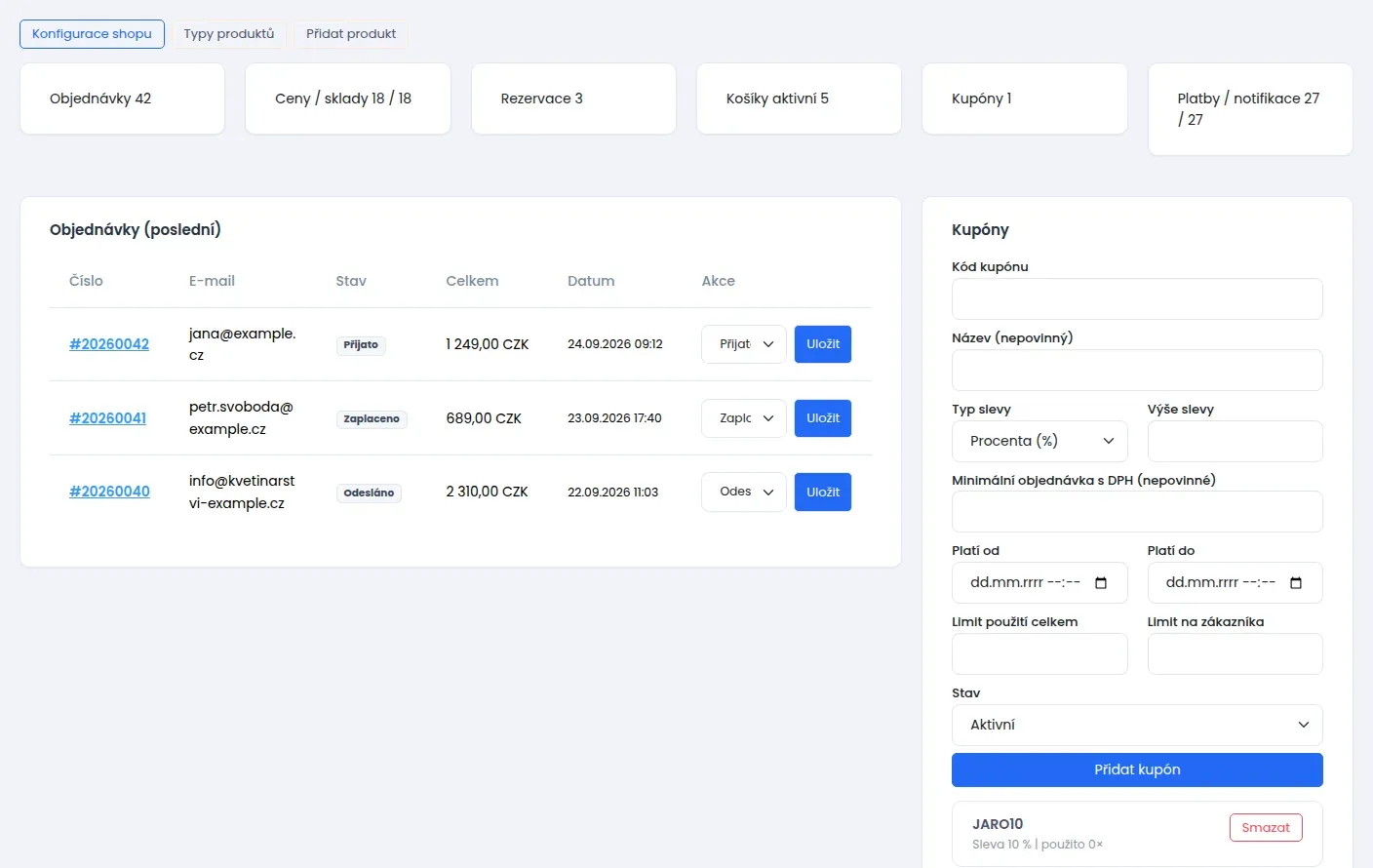 Horní část e-shop dashboardu: řada čísel, tabulka posledních objednávek a vpravo blok Kupóny