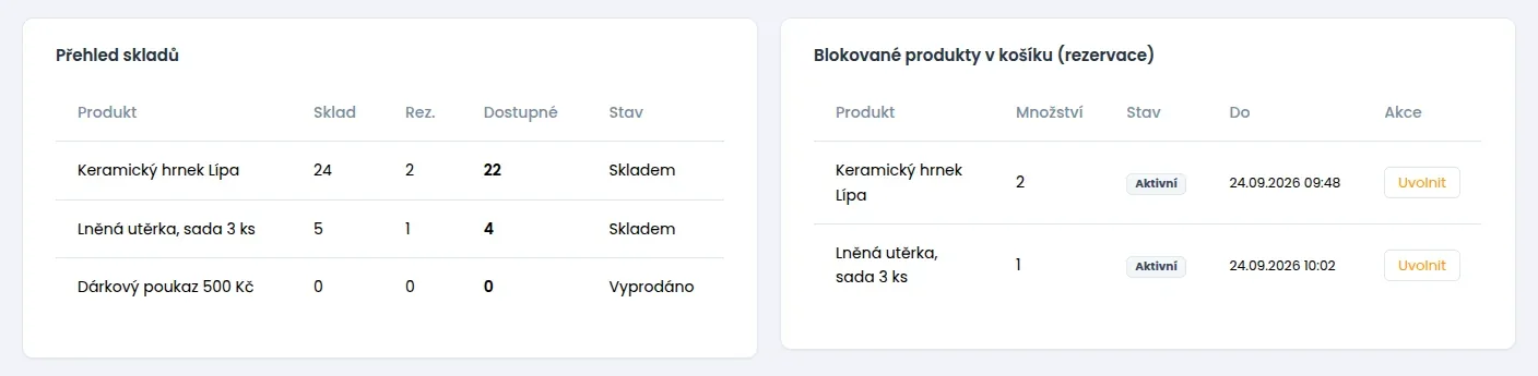 Bloky Přehled skladů a Blokované produkty v košíku s tlačítkem Uvolnit