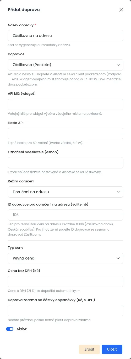 Okno Přidat dopravu s vybraným dopravcem Zásilkovna, poli pro API klíč, heslo API, režimem Doručení na adresu, polem ID dopravce pro doručení na adresu, typem ceny a cenou