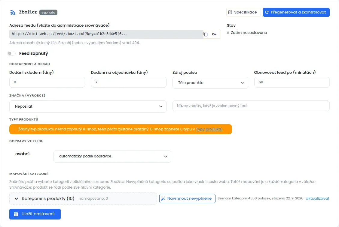 Blok feedu Zboží.cz s adresou feedu, přepínačem Feed zapnutý, dodacími lhůtami, zdrojem popisu, značkou, upozorněním u typů produktů, dopravami ve feedu a mapováním kategorií