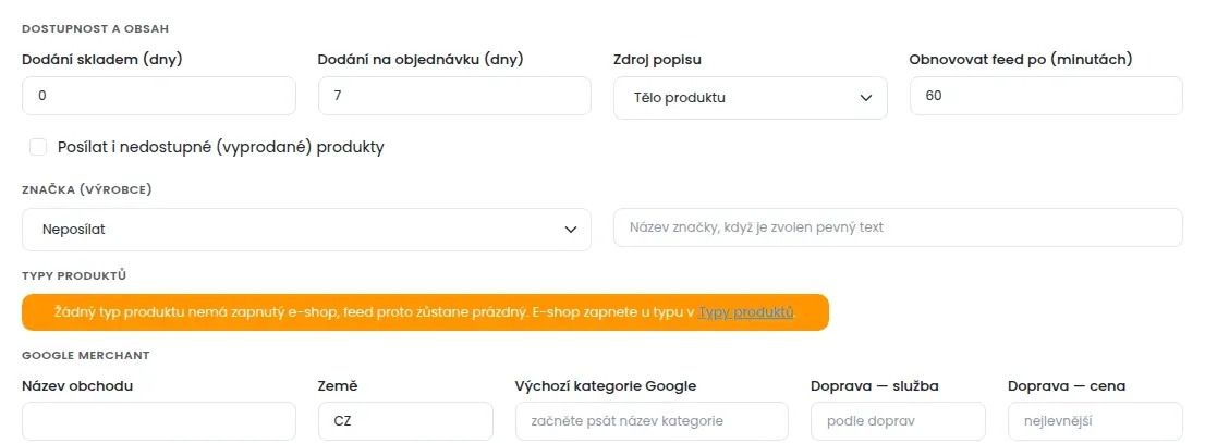 Část bloku Google Merchant Center se zaškrtávátkem Posílat i nedostupné (vyprodané) produkty, upozorněním u typů produktů a poli Název obchodu, Země, Výchozí kategorie Google, Doprava služba a Doprava cena