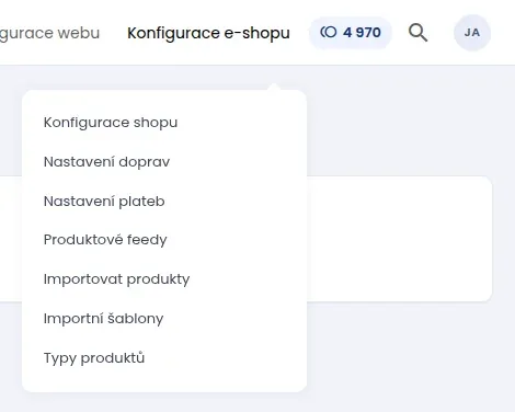 Rozbalená nabídka Konfigurace e-shopu v horní liště