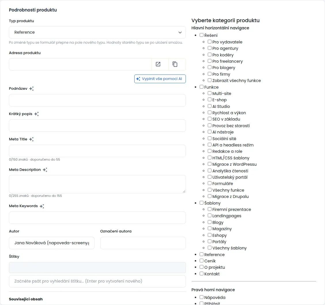 Blok Podrobnosti produktu vlevo a výběr kategorií produktu vpravo