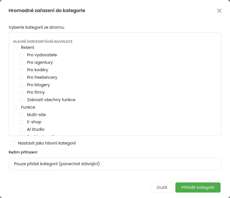 Okno Hromadné zařazení do kategorie se stromem kategorií, volbou hlavní kategorie a režimem přiřazení