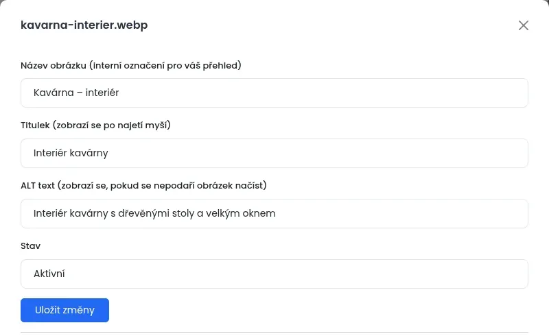 Okno detailu obrázku s poli Název obrázku, Titulek, ALT text, Stav a tlačítkem Uložit změny