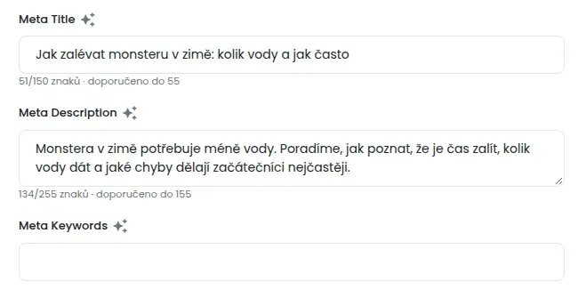 Pole Meta Title, Meta Description a Meta Keywords v editoru článku, pod prvními dvěma počítadlo znaků s doporučenou délkou