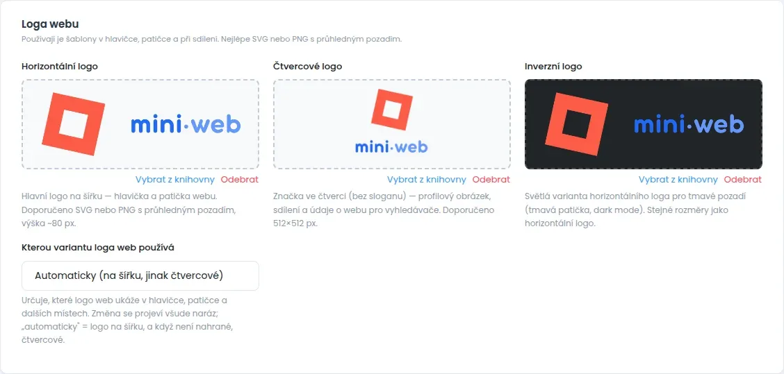 Skupina Loga webu s náhledy horizontálního, čtvercového a inverzního loga a výběrem Kterou variantu loga web používá