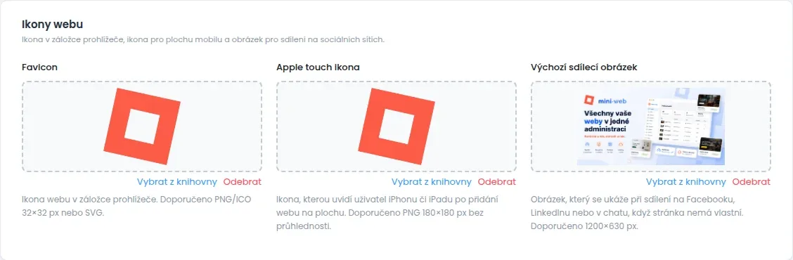 Skupina Ikony webu s náhledy Favicon, Apple touch ikona a Výchozí sdílecí obrázek