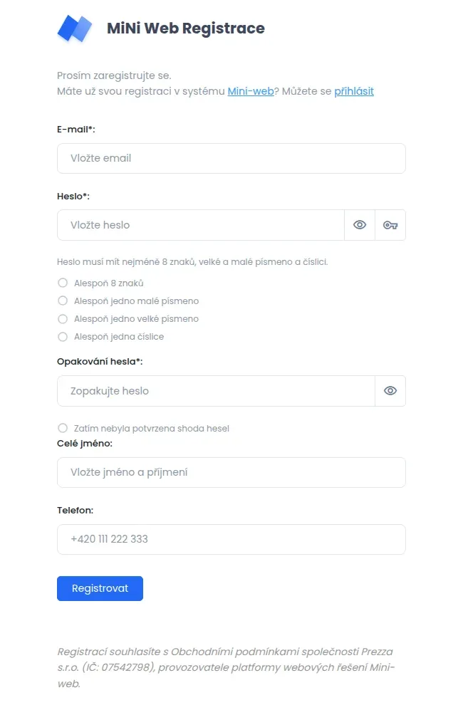 Registrační formulář s poli E-mail, Heslo, Opakování hesla, Celé jméno a Telefon