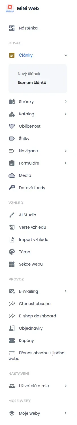 Levé menu administrace se skupinami Obsah, Vzhled, Provoz, Nastavení a Moje weby