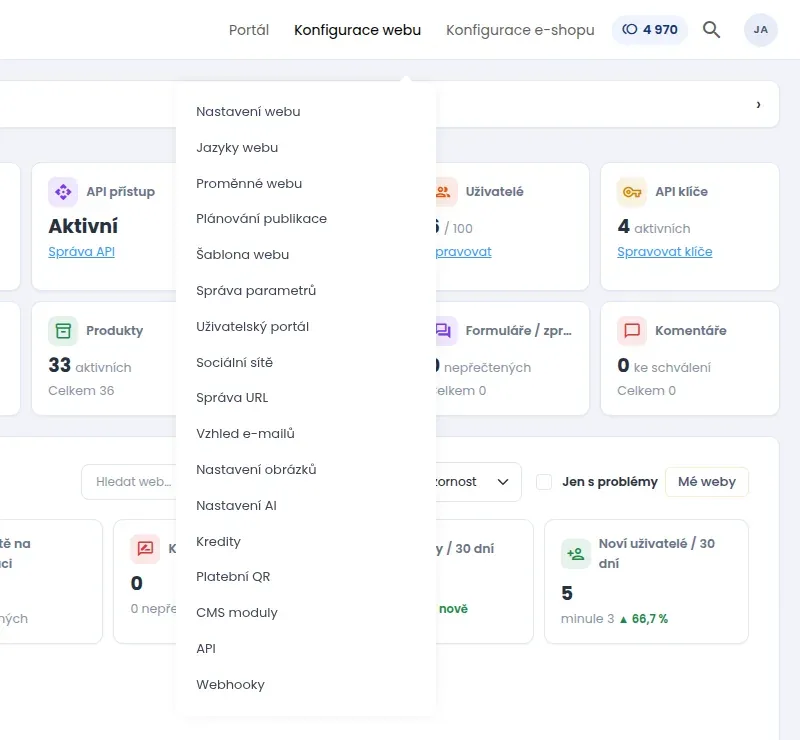 Rozbalená nabídka Konfigurace webu