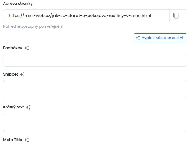Pole Podnázev, Snippet, Krátký text a Meta Title s ikonou hvězdiček u názvu a tlačítko Vyplnit vše pomocí AI nad nimi
