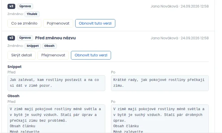 Rozbalený detail verze v2 s porovnáním Před a Po pro Snippet a Obsah