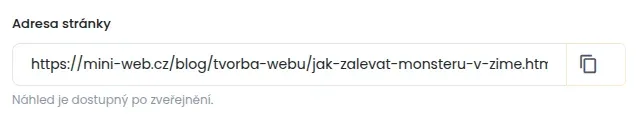 Pole Adresa stránky s adresou složenou z kategorie blog, tvorba webu a názvu článku, pod ním text Náhled je dostupný po zveřejnění