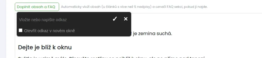 Pole Vložte nebo napište odkaz se zaškrtávacím políčkem Otevřít odkaz v novém okně