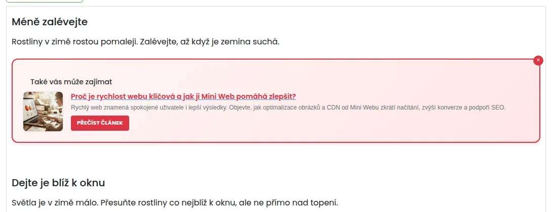 Červený rámeček Také vás může zajímat s obrázkem, názvem doporučeného článku, popisem a tlačítkem Přečíst článek mezi odstavci textu, v pravém horním rohu červený křížek