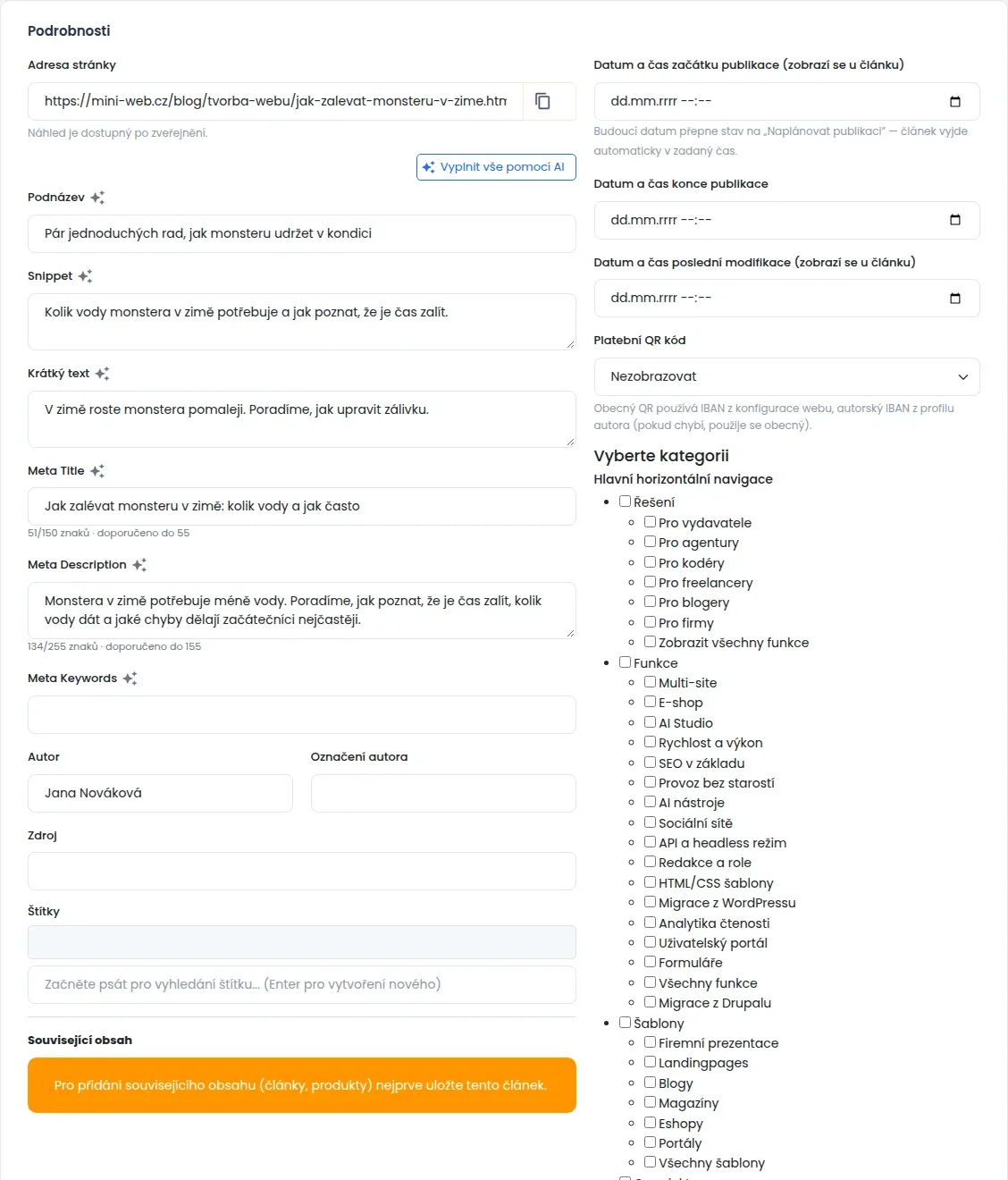Karta Podrobnosti: vlevo pole Adresa stránky, Podnázev, Snippet, Krátký text, meta pole, Autor, Zdroj, Štítky a Související obsah, vpravo data publikace, Platební QR kód a Vyberte kategorii