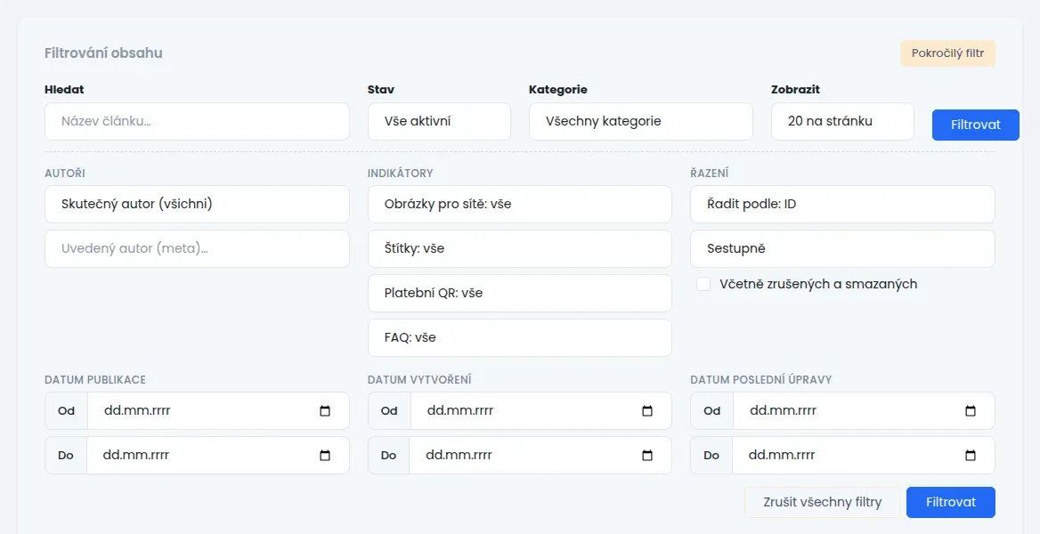 Rozbalený pokročilý filtr s částmi Autoři, Indikátory, Řazení, Datum publikace, Datum vytvoření a Datum poslední úpravy