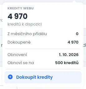 Rozbalený přehled Kredity webu v horní liště se zůstatkem, datem obnovení a tlačítkem Dokoupit kredity