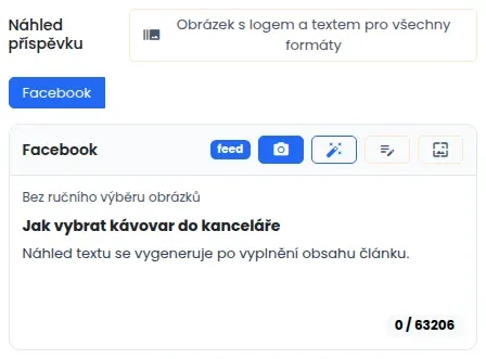 Náhled příspěvku pro Facebook s názvem článku, řadou tlačítek a nahoře tlačítkem Obrázek s logem a textem pro všechny formáty