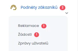 Levé menu s rozbalenou položkou Podněty zákazníků a pod ní Reklamace, Žádosti a Zprávy uživatelů, u prvních dvou červené číslo