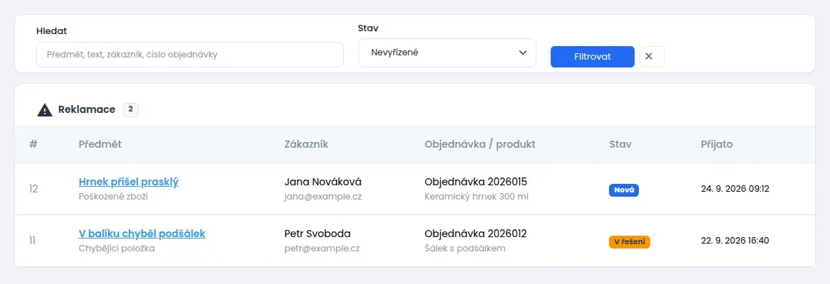 Seznam reklamací s polem Hledat, výběrem Stav nastaveným na Nevyřízené a tabulkou se dvěma reklamacemi ve stavech Nová a V řešení