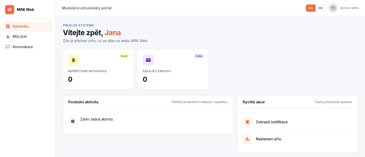 Úvodní stránka portálu s nadpisem Vítejte zpět, Jana, menu vlevo, dvěma dlaždicemi s čísly a bloky Poslední aktivita a Rychlé akce