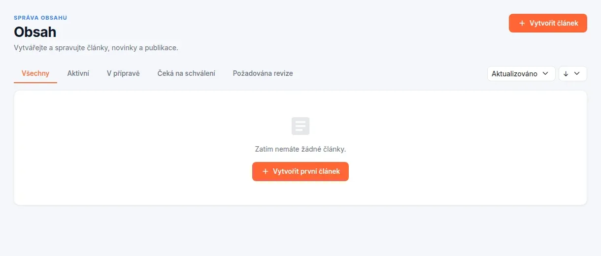 Stránka Obsah s tlačítkem Vytvořit článek, záložkami stavů a řazením