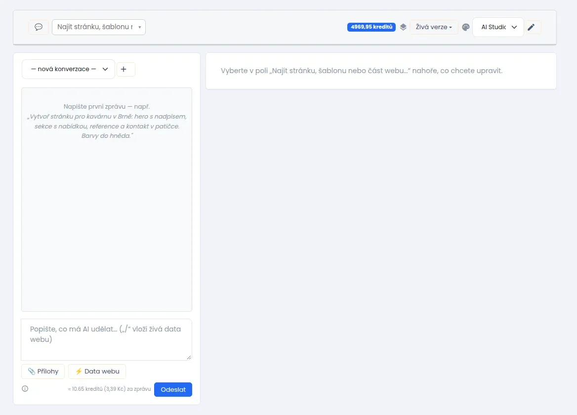 AI Studio: nahoře lišta, vlevo prázdná konverzace s polem pro zprávu a tlačítkem Odeslat, vpravo plátno
