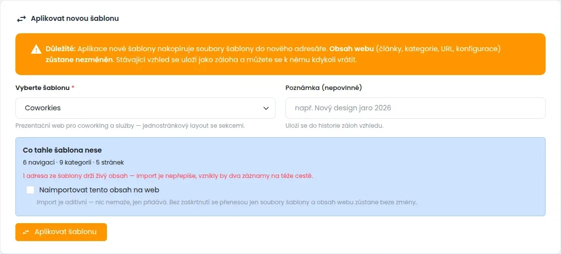 Vybraná šablona Coworkies s popisem a světle modrým rámečkem Co tahle šablona nese s volbou Naimportovat tento obsah na web