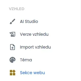 Skupina Vzhled v levém menu s položkami AI Studio, Verze vzhledu, Import vzhledu, Téma a Sekce webu