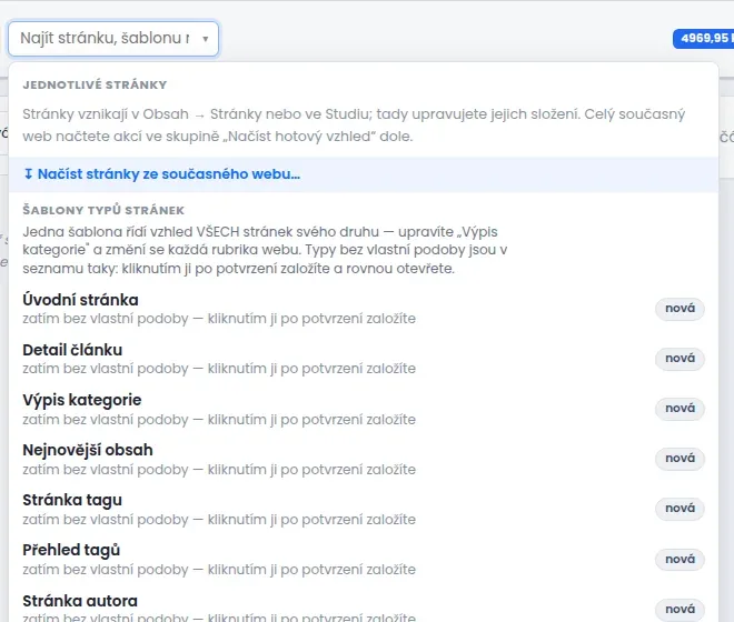 Rozbalená nabídka Najít stránku, šablonu nebo část webu se skupinami Jednotlivé stránky a Šablony typů stránek