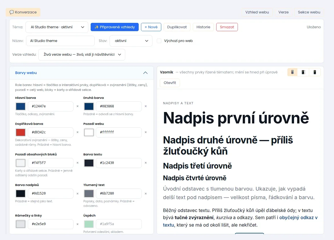 Obrazovka Téma se skrytou konverzací: vpravo nahoře tlačítka Vzhled webu, Verze a Sekce webu, pod nimi výběr tématu, vlevo skupina Barvy webu, vpravo Vzorník s nadpisy