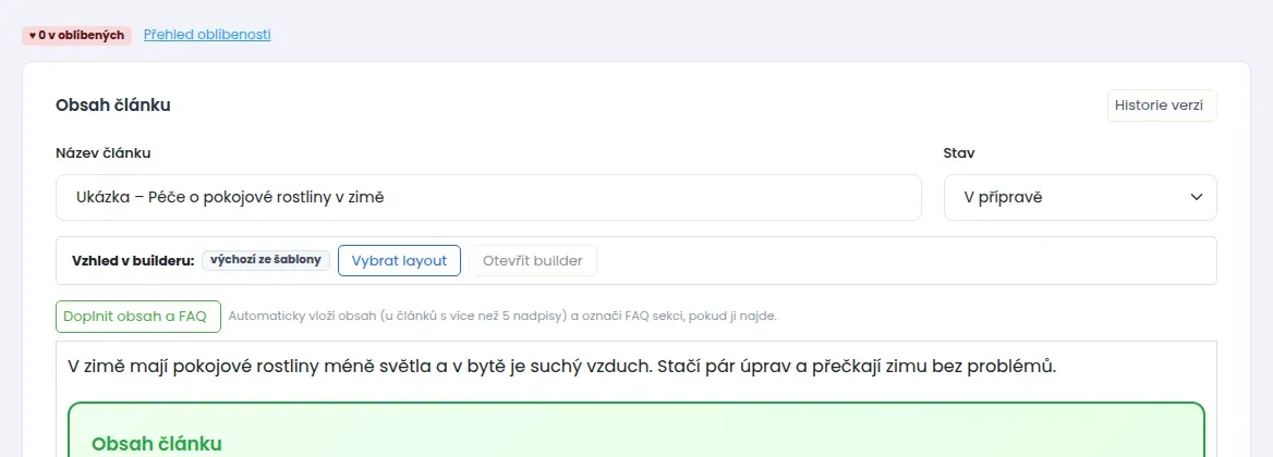 Horní část editoru s poli Název článku a Stav, tlačítkem Historie verzí, řádkem Vzhled v builderu a tlačítkem Doplnit obsah a FAQ