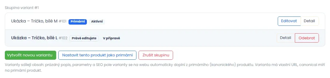 Blok Varianty produktu se dvěma produkty ve skupině, jeden označený jako Primární, a tlačítky Vytvořit novou variantu, Nastavit tento produkt jako primární a Zrušit skupinu