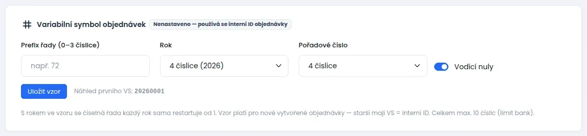 Blok Variabilní symbol objednávek s poli Prefix řady, Rok, Pořadové číslo, Vodící nuly a náhledem prvního VS