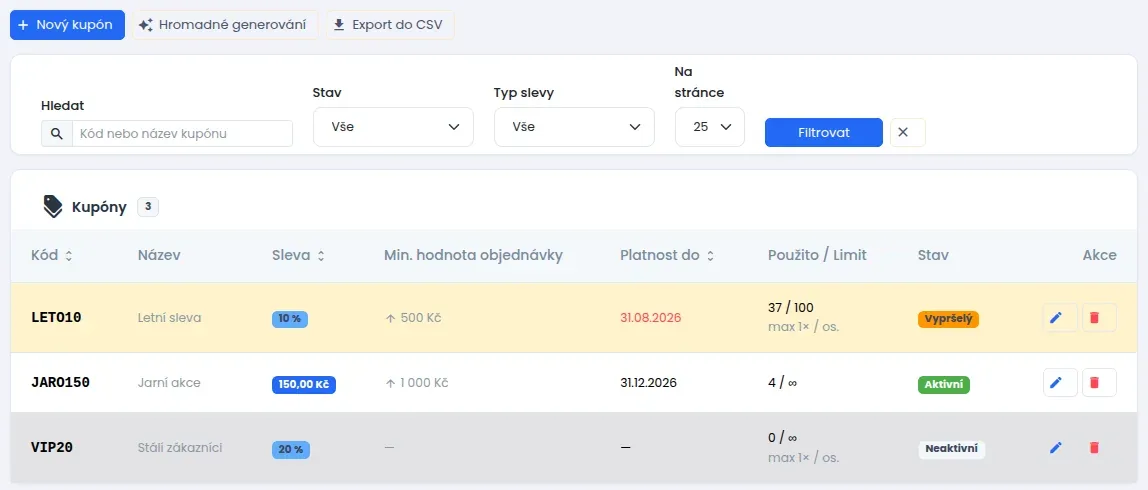Seznam kupónů s tlačítky Nový kupón, Hromadné generování a Export do CSV, filtry a tabulkou: kód, název, sleva, minimální hodnota objednávky, platnost, použití a stav