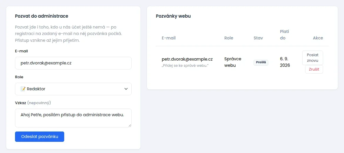 Obrazovka Pozvánky: vlevo formulář s poli E-mail, Role a Vzkaz, vpravo tabulka odeslaných pozvánek