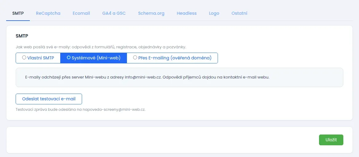 Obrazovka Proměnné webu se záložkami SMTP, ReCaptcha, Ecomail, GA4 a GSC, Schema.org, Headless, Logo a Ostatní